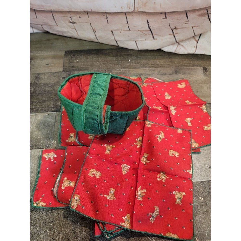 Xmas teddy bear mistletoe red cloth napkin‎ set